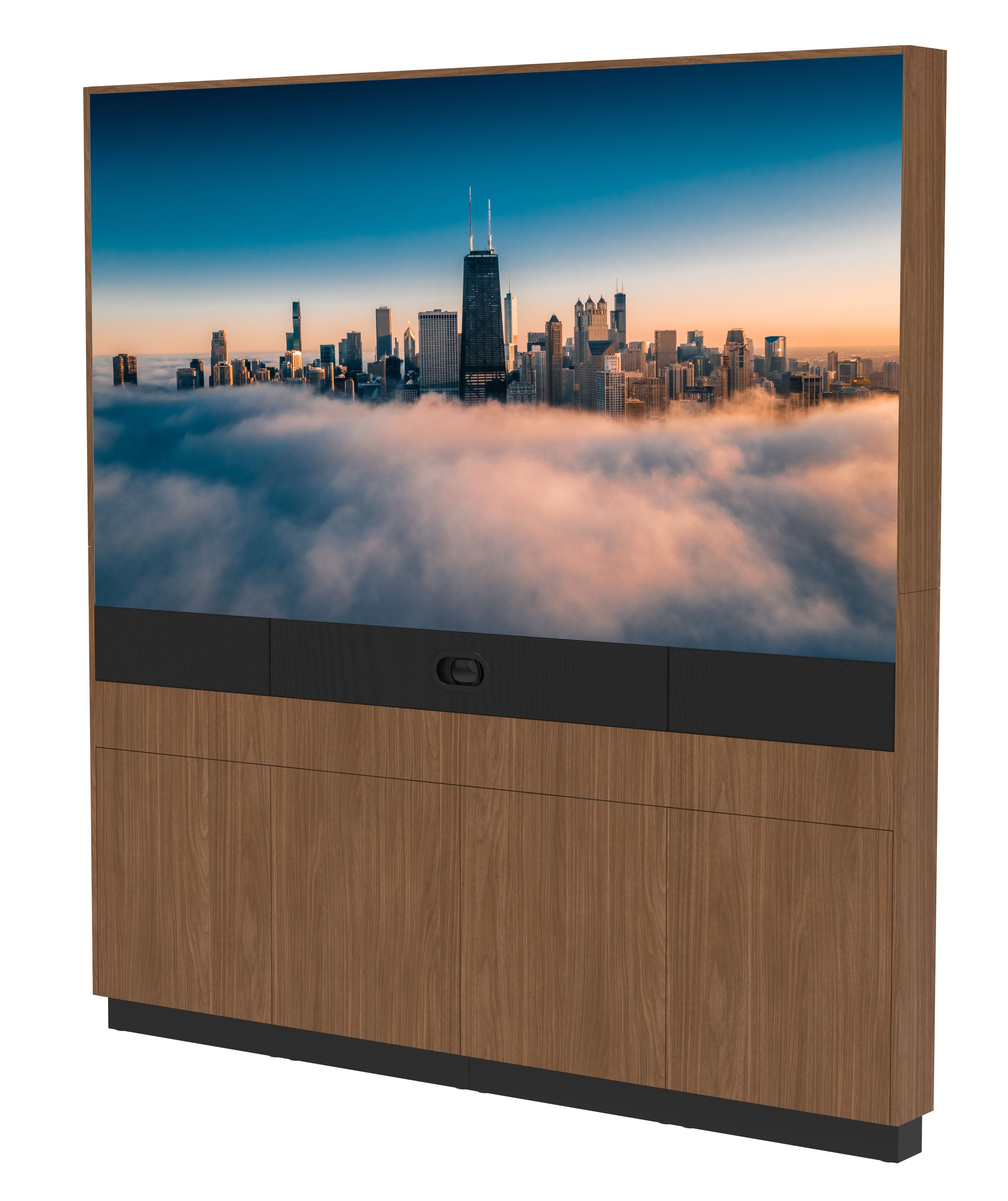 108 inch all-in-one dvLED display solution in Walnut with Black fabric